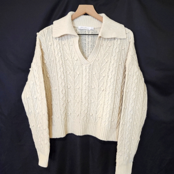 All In Favor Women's Cable Knit Sweater Size M Cream Collared Scandi Fisherman - Picture 1 of 6
